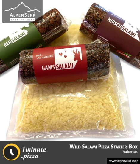 Wild Salami Starter Pizza-Box "HUBERTUS" | Salami vom Wild für "Wilde Pizzen" + Reibkäse Mischung | Hochgenuss mit 1minute.pizza